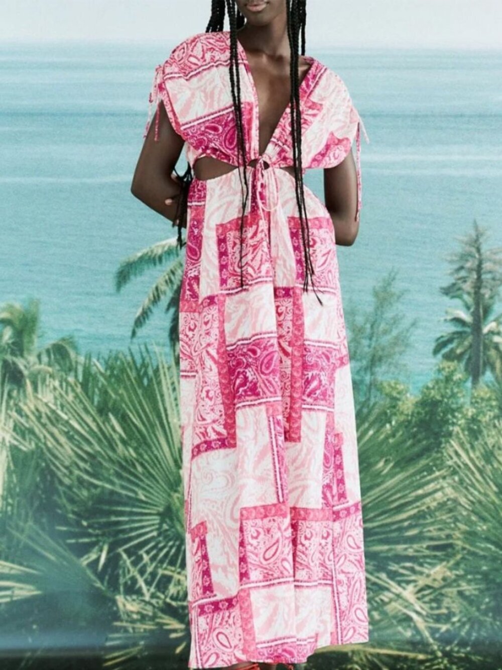 Zara Cotton Pink Paisley Patchwork Cut Out Maxi Dress Size L